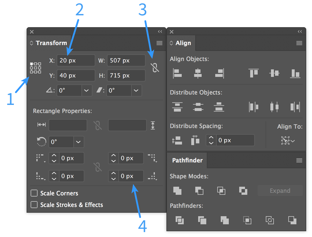 Illustrator transform, align, and pathfinder palettes